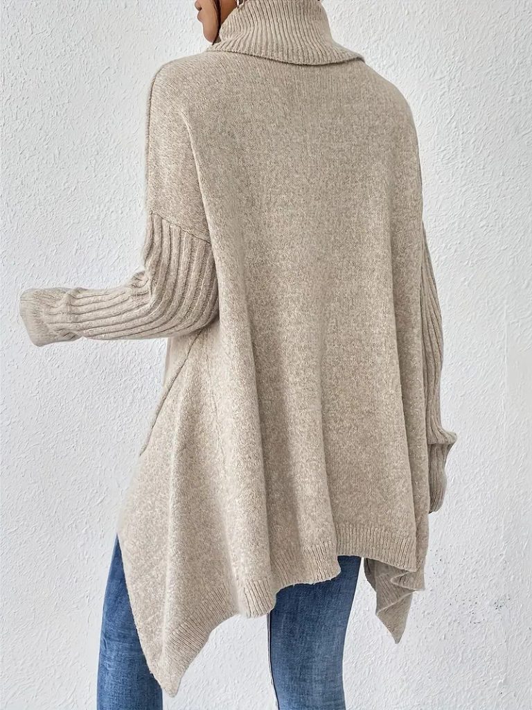 Women's Oversized Turtleneck Sweater with Curved Asymmetric Hem