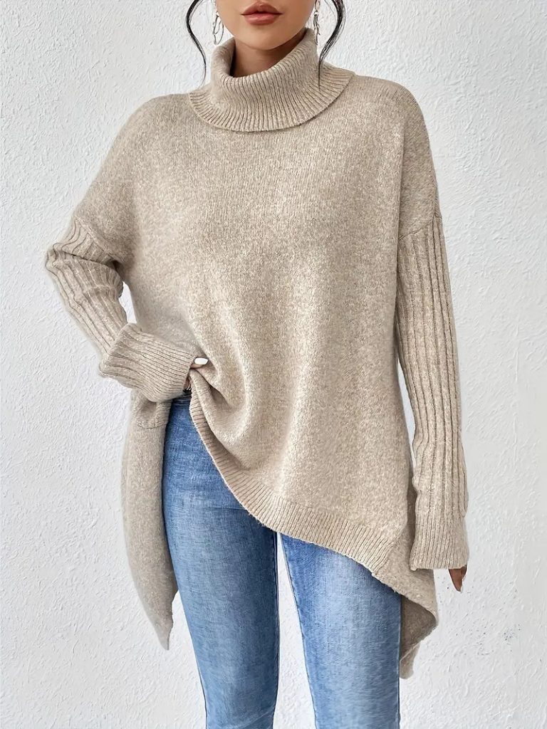 Women's Oversized Turtleneck Sweater with Curved Asymmetric Hem
