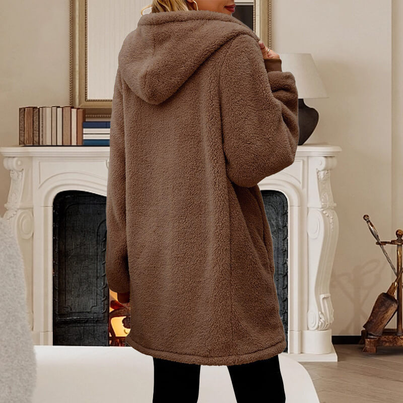 Women's Hip-Covering Hooded Teddy Zip Jacket with Ribbed Cuffs