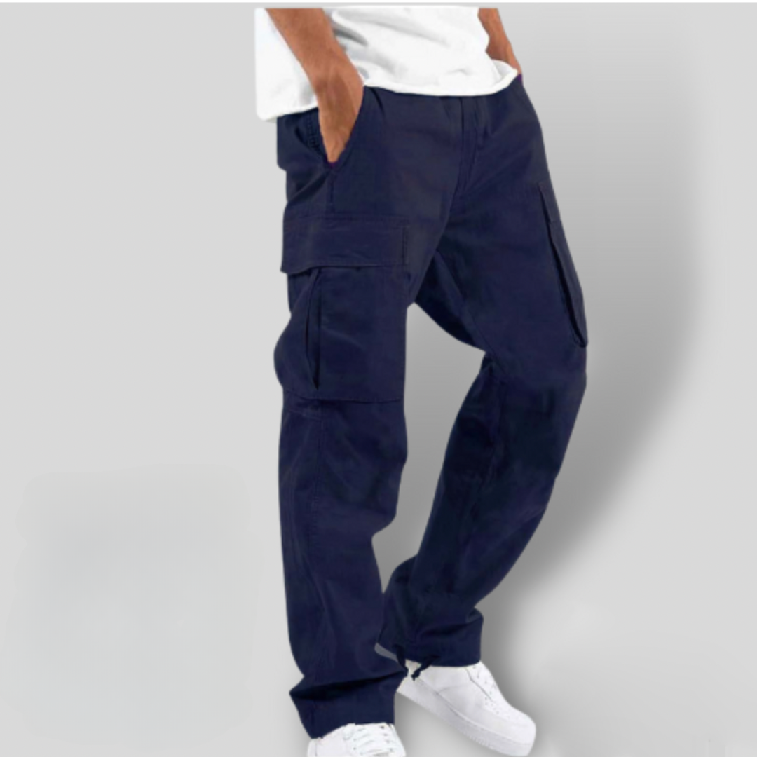 Men's Loose-Fit Paneled Cargo Pants with Straight Leg - Dark Blue