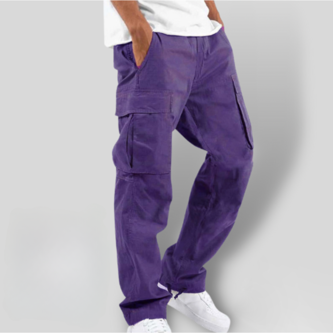 Men's Loose-Fit Paneled Cargo Pants with Straight Leg - Purple
