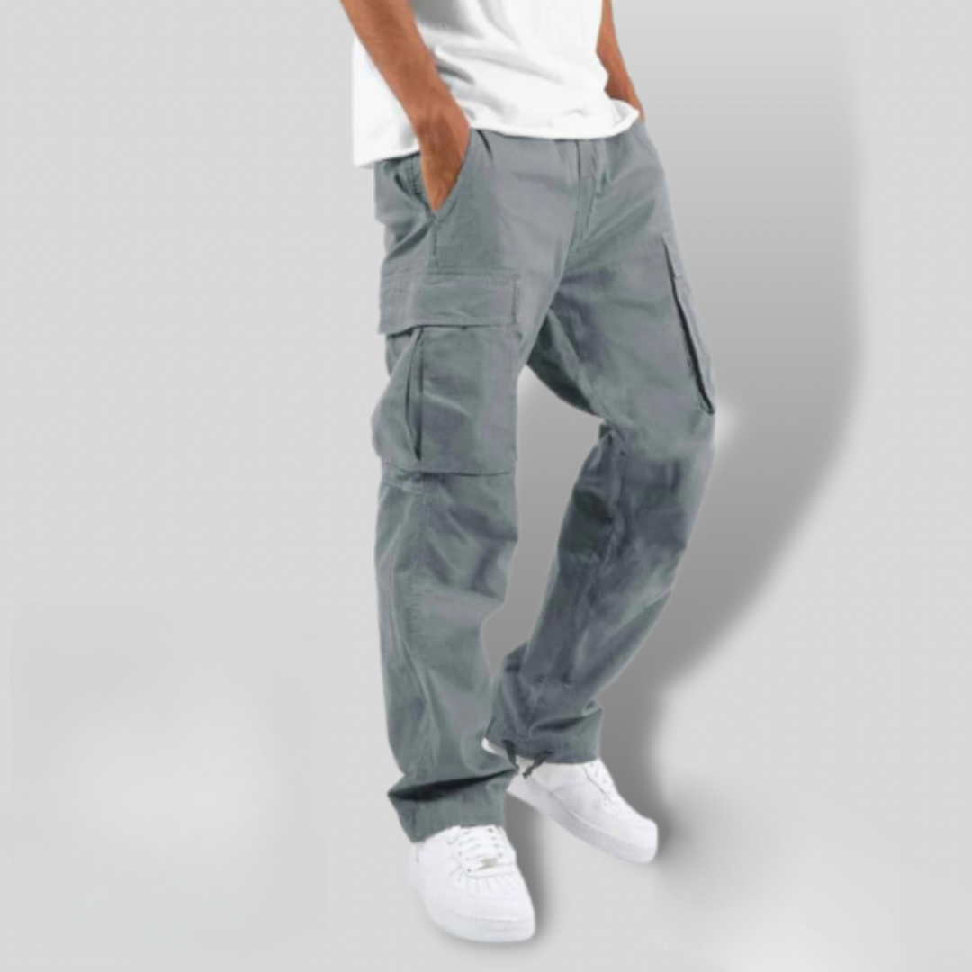 Men's Loose-Fit Paneled Cargo Pants with Straight Leg - Light Gray