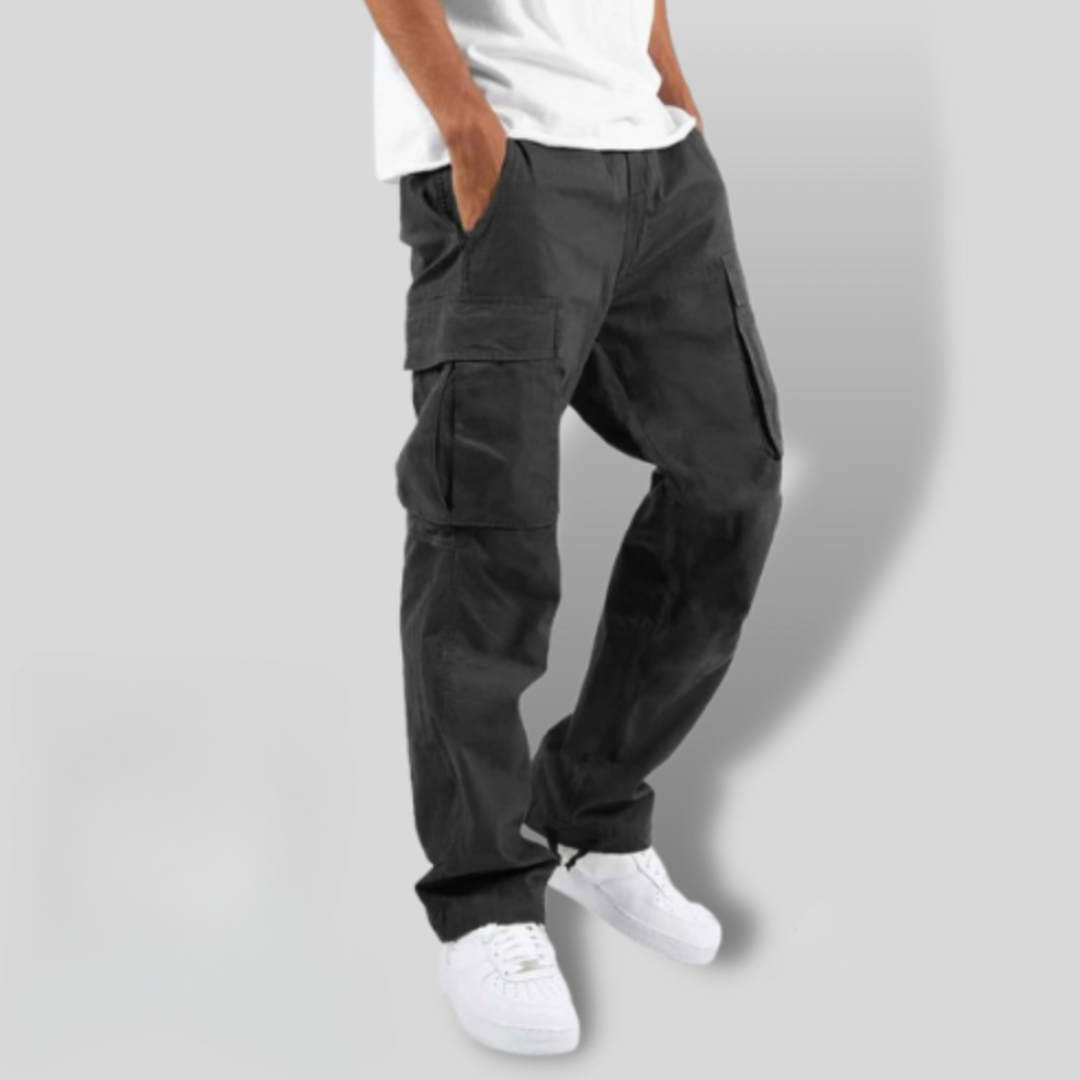 Men's Loose-Fit Paneled Cargo Pants with Straight Leg - Dark Gray