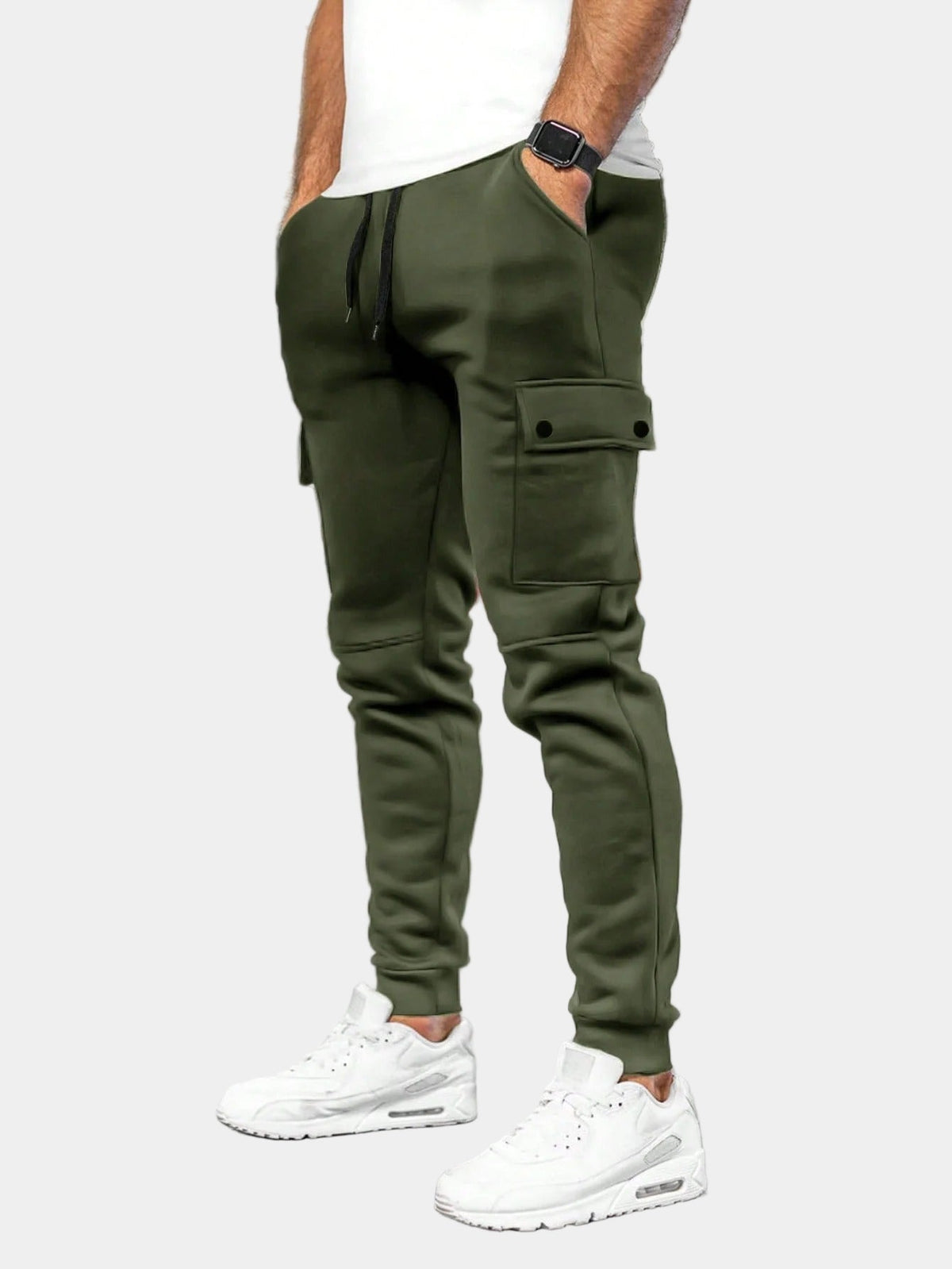 Men's Soft Tapered Joggers with Flap Cargo Pockets - Olive Green