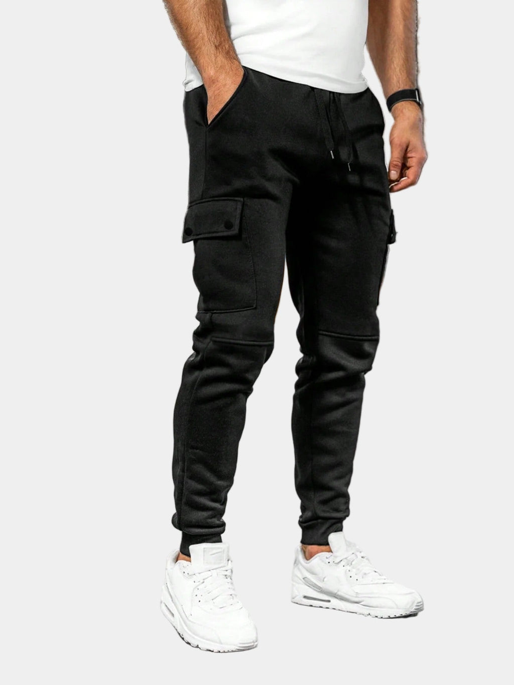 Men's Soft Tapered Joggers with Flap Cargo Pockets - Black