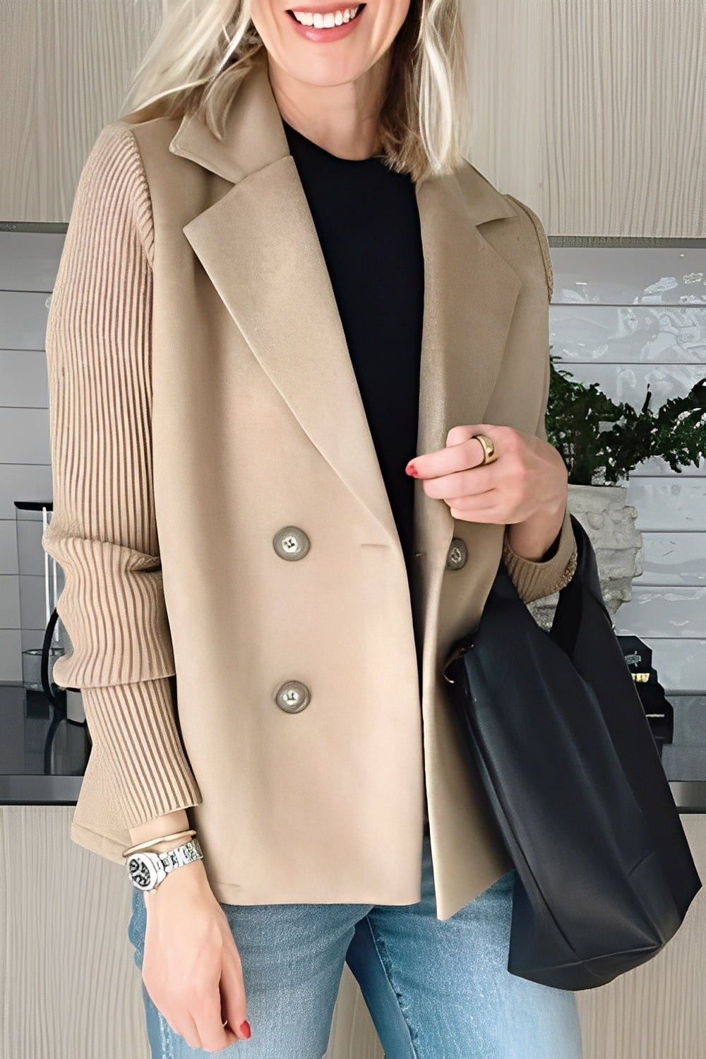 Women's Cropped Double-Breasted Wool Blend Coat with Rib-Knit Sleeves - Beige