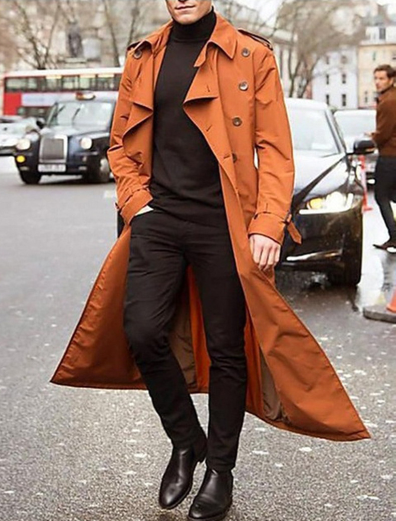 Men's Long Double-Breasted Trench Coat with Strap Cuffs and Epaulettes - Orange