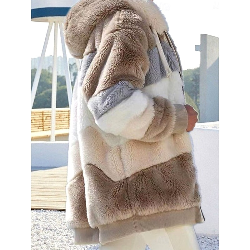 Women's Hooded Plush Zip Jacket with Hand-Warmer Pockets