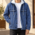Men's Cotton-Blend Denim Hooded Jacket with Button Closure - Blue