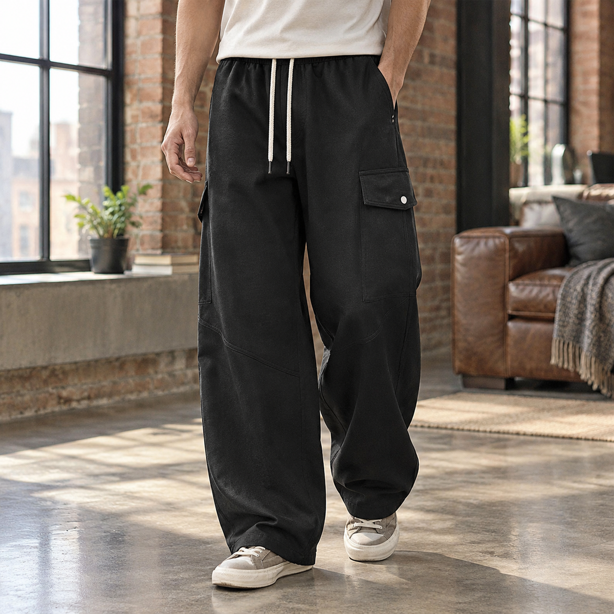 Men's Relaxed Full-Length Wide-Leg Pants with Flap Cargo Pocket
