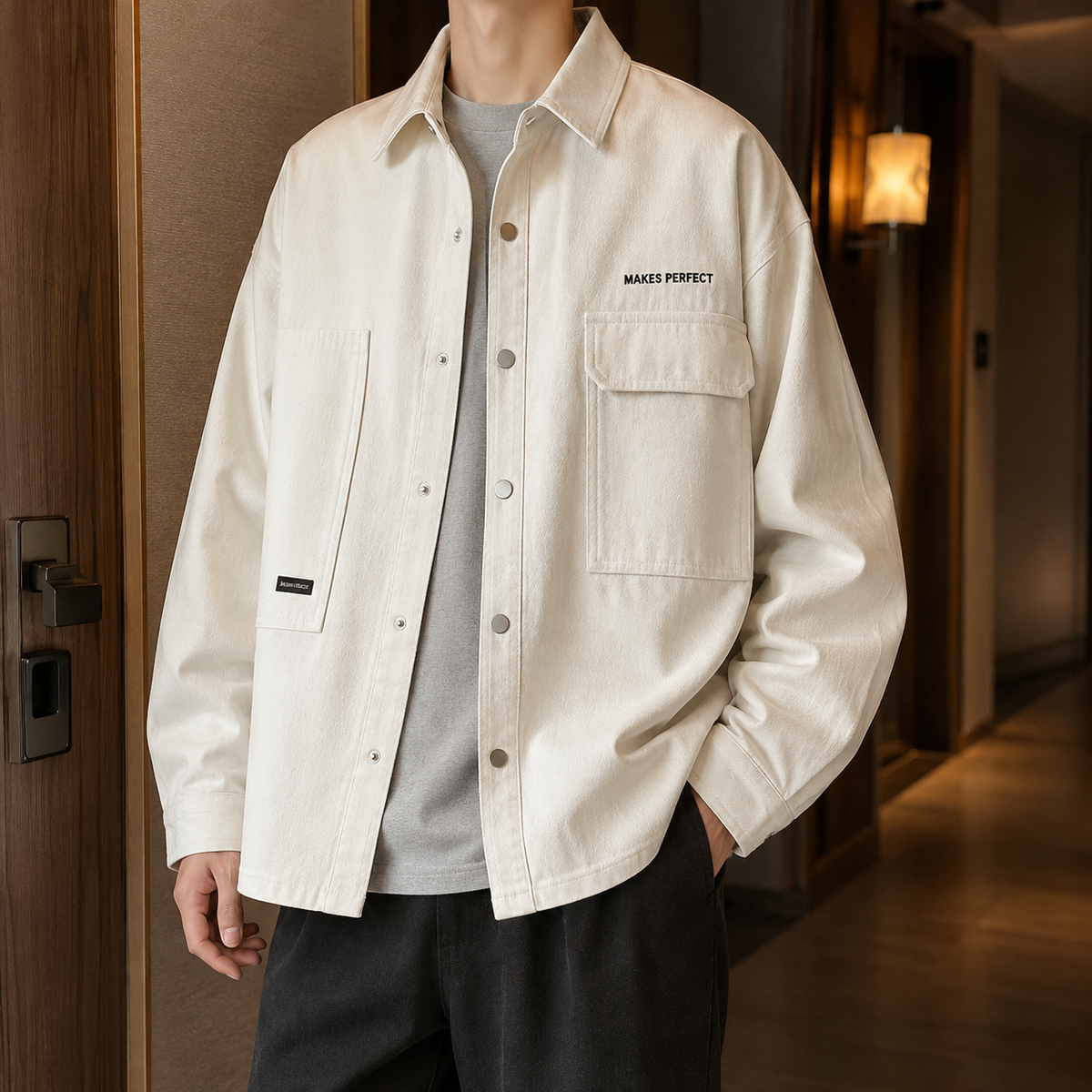 Men's Snap Placket Shirt Jacket with Asymmetric Utility Pockets