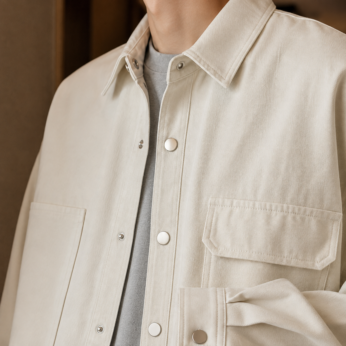 Men's Snap Placket Shirt Jacket with Asymmetric Utility Pockets