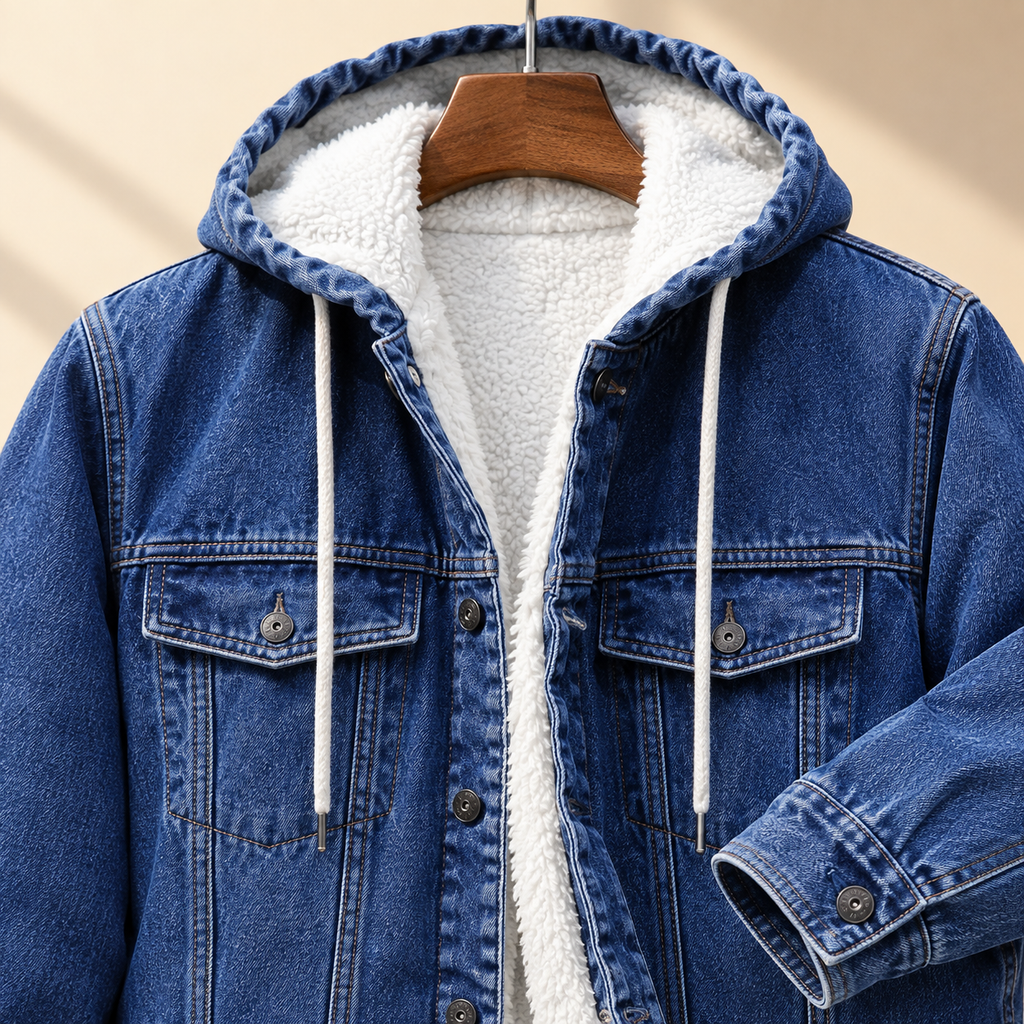 Men's Cotton-Blend Denim Hooded Jacket with Button Closure