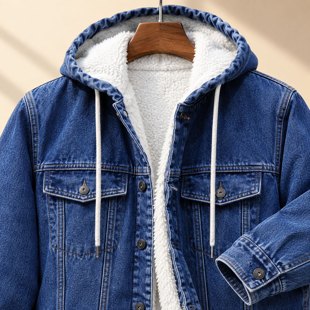 Men's Cotton-Blend Denim Hooded Jacket with Button Closure