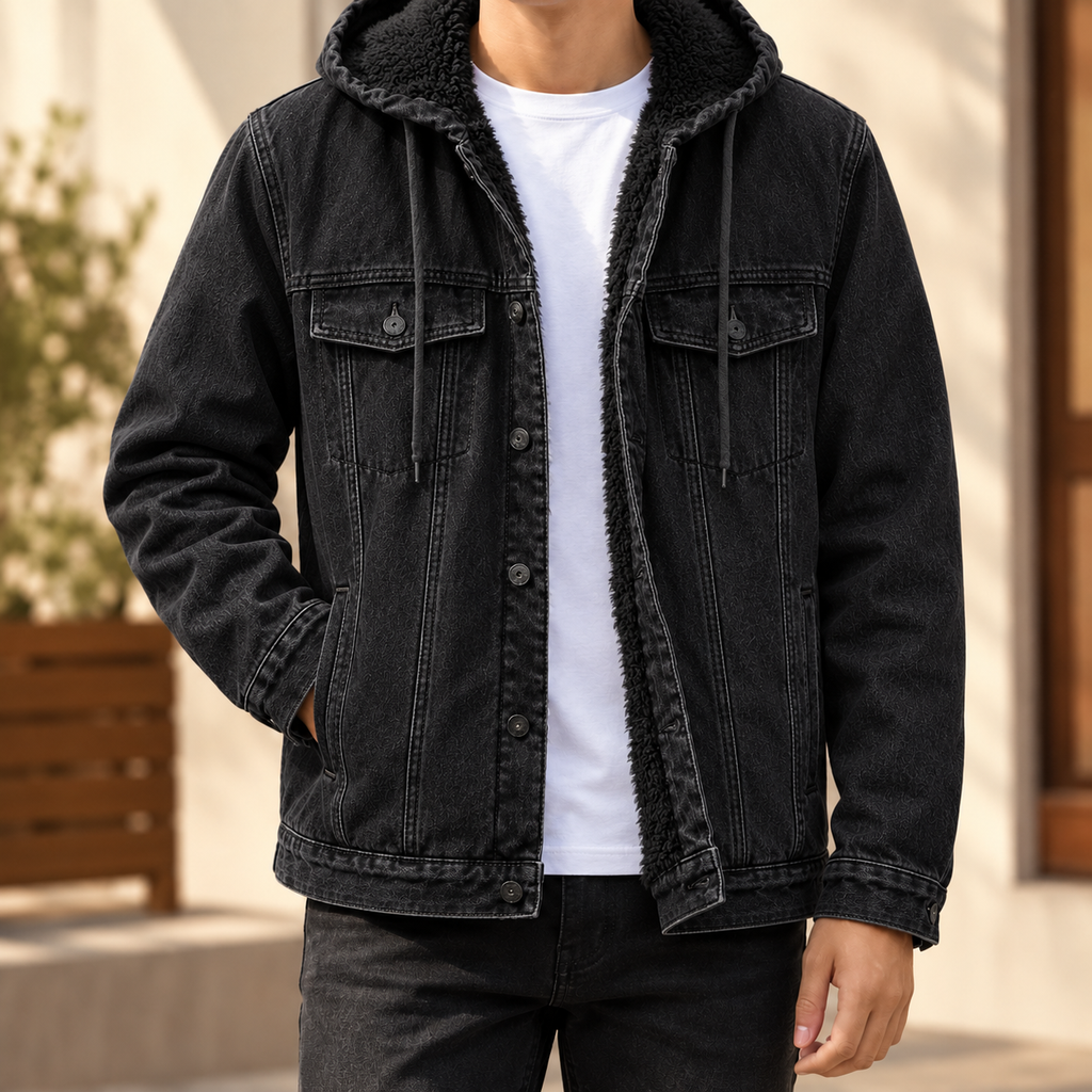 Men's Cotton-Blend Denim Hooded Jacket with Button Closure