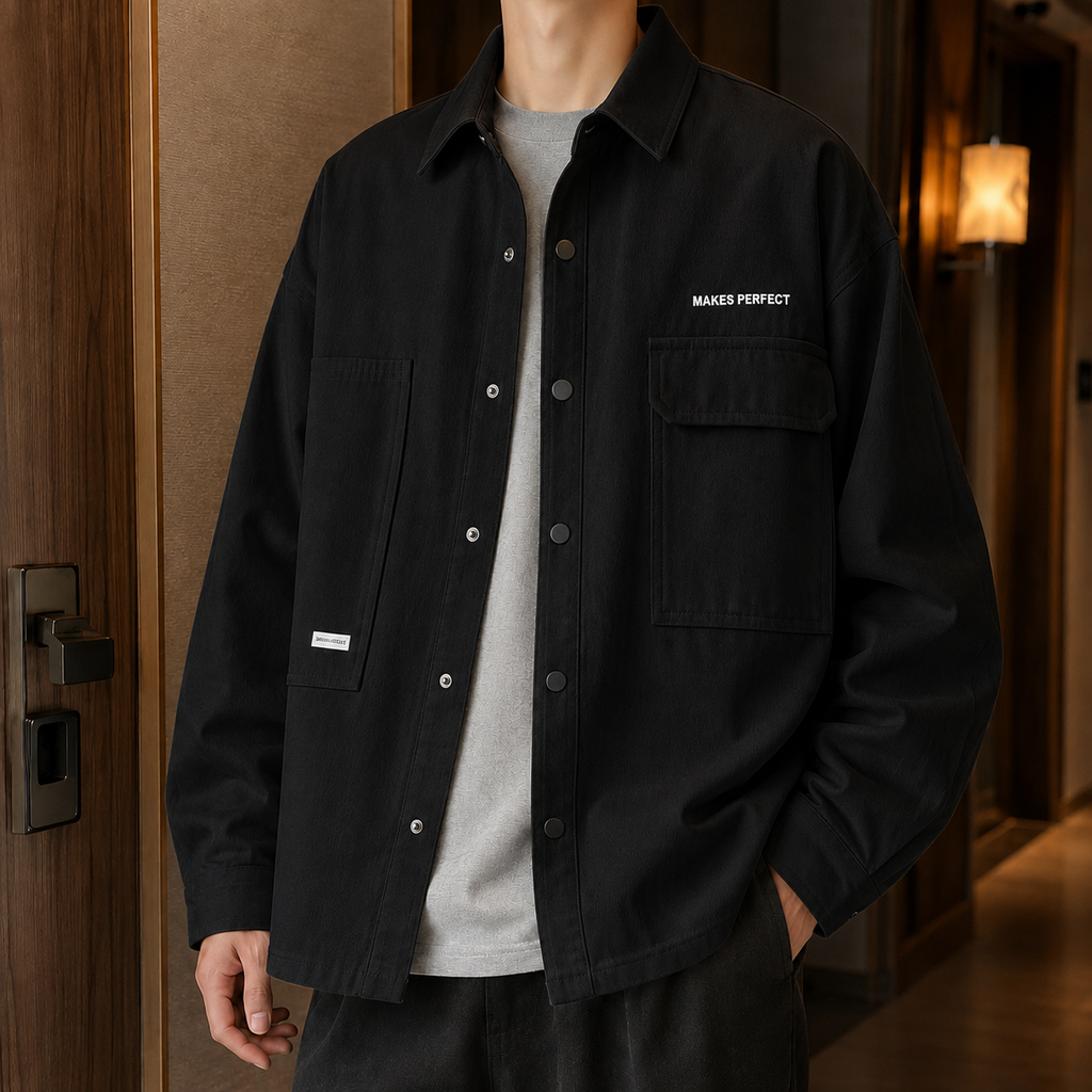 Men's Snap Placket Shirt Jacket with Asymmetric Utility Pockets