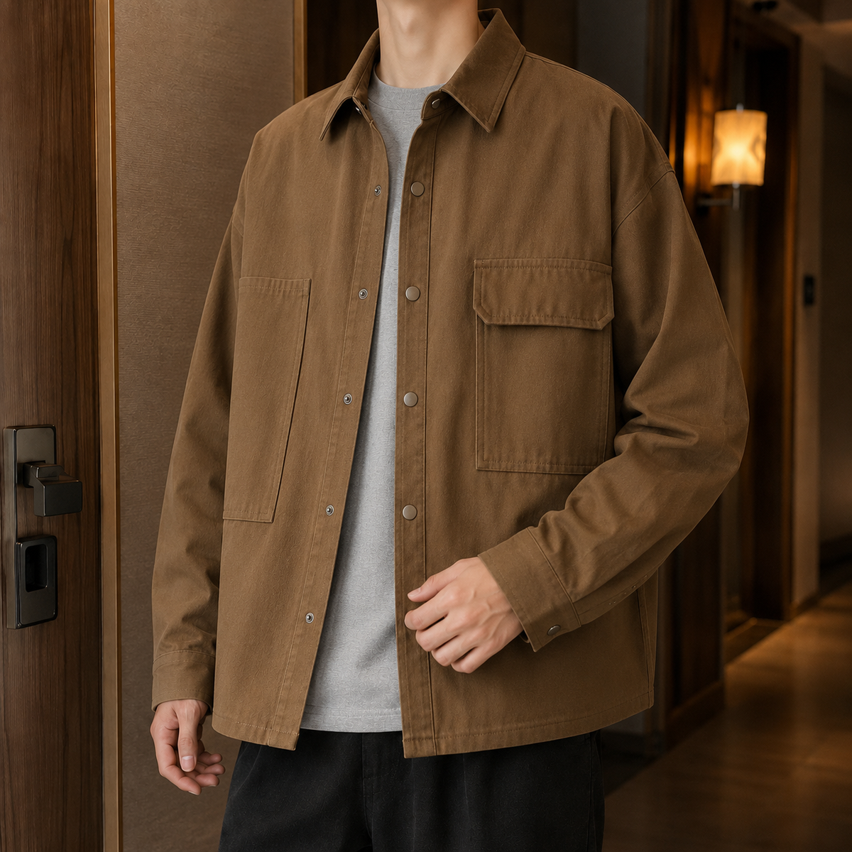 Men's Snap Placket Shirt Jacket with Asymmetric Utility Pockets