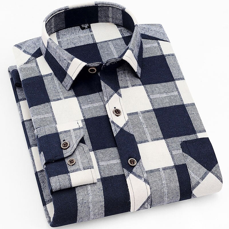 Men's Plaid Shirt with Turn-Down Collar and Chest Pocket - White