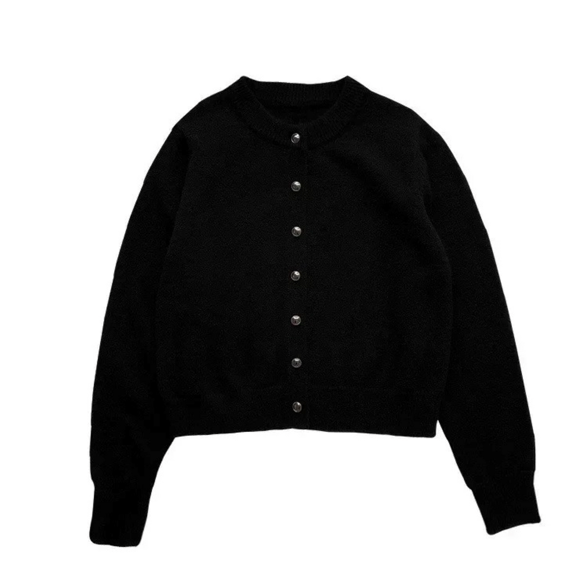 Women's Crew-Neck Chunky Knit Cardigan with Button Front - Black