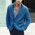 Men's Tailored-Lapel Button Cardigan in Soft Cable Knit - Blue