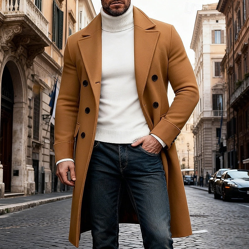 Men's Longline Double-Breasted Topcoat with Generous Pockets