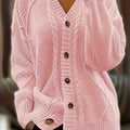 Women's Cable-Knit V-Neck Cardigan with Five Wood-Tone Buttons - Pink