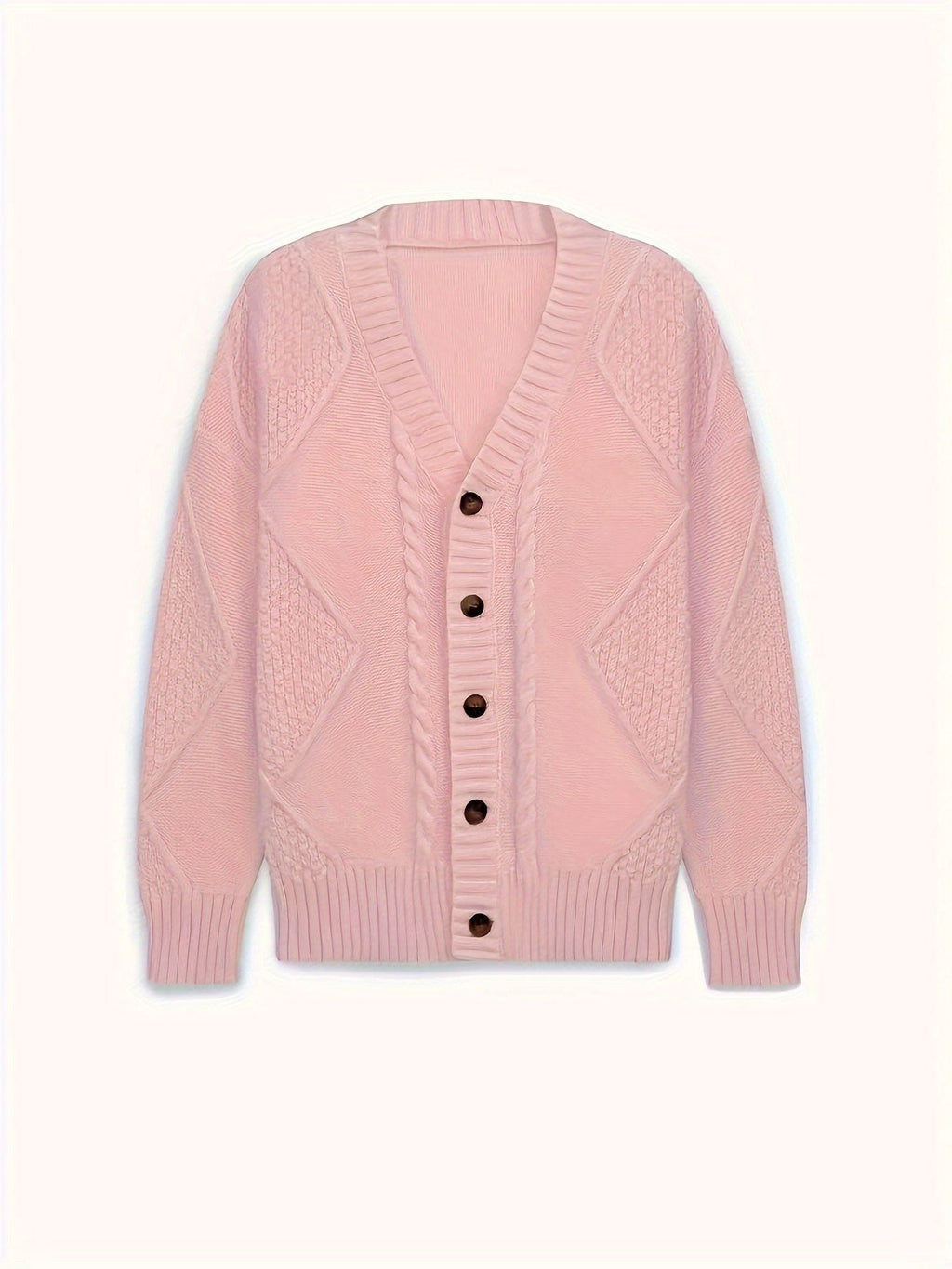 Women's Cable-Knit V-Neck Cardigan with Five Wood-Tone Buttons