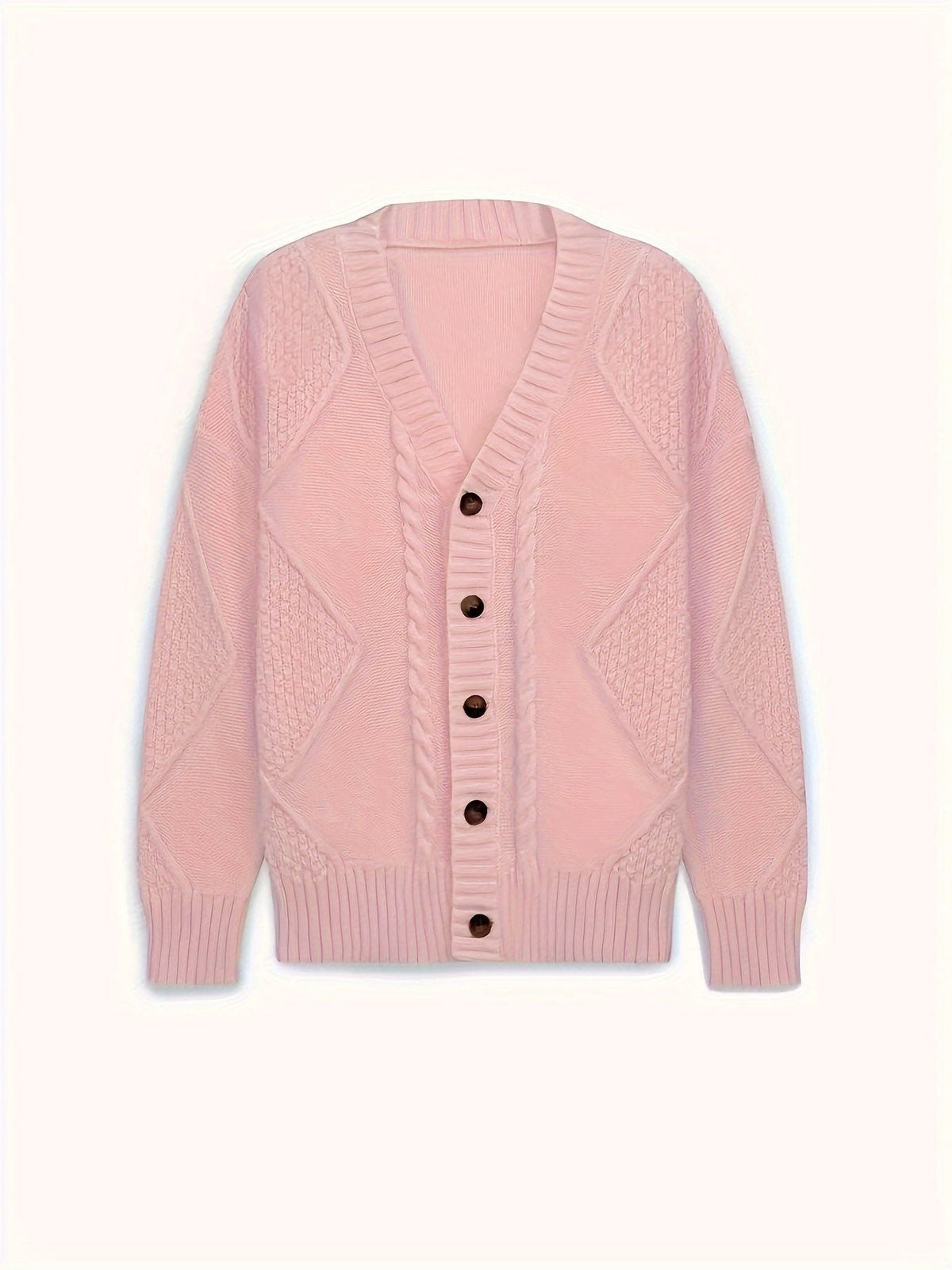 Women's Cable-Knit V-Neck Cardigan with Five Wood-Tone Buttons