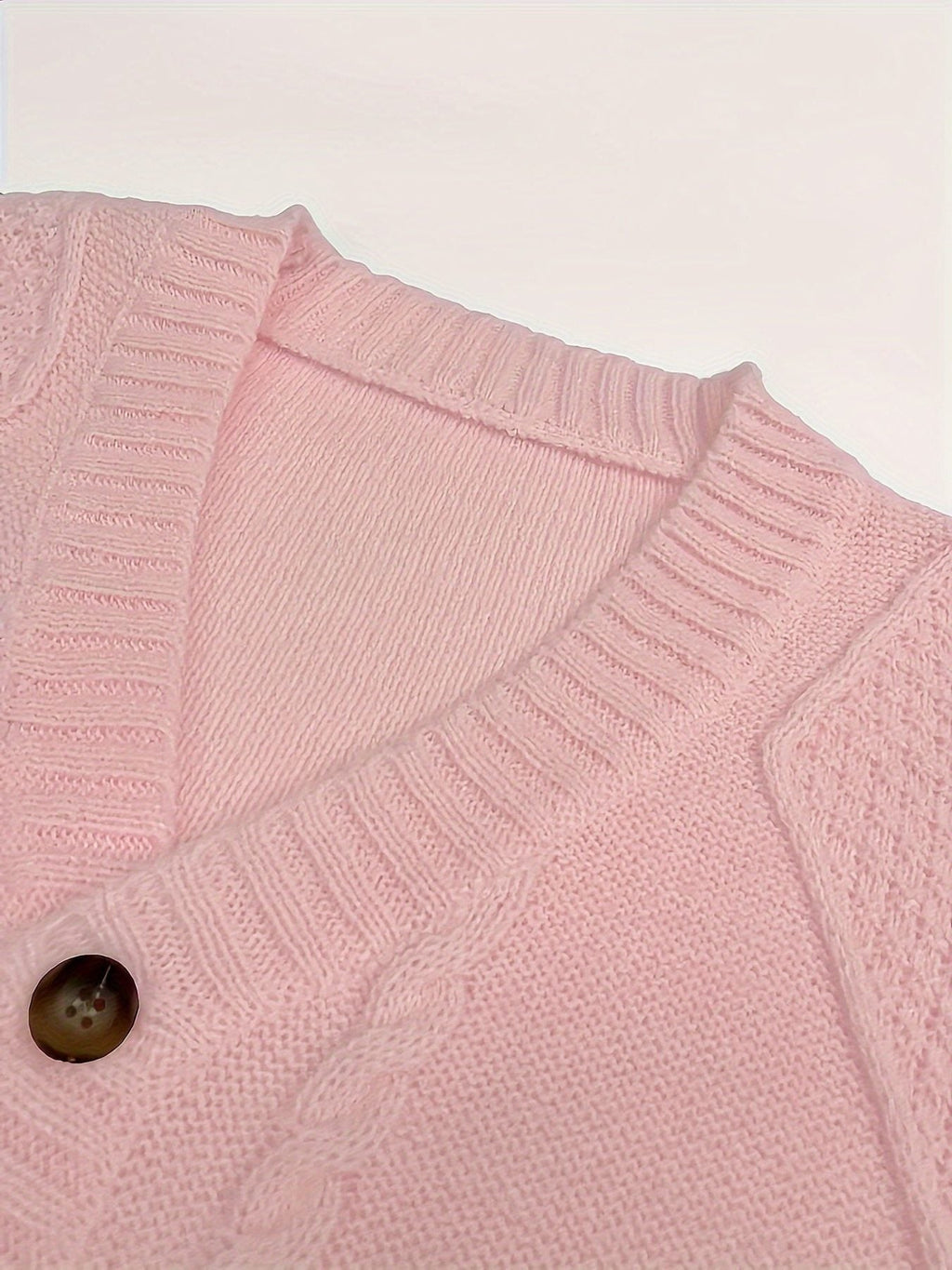 Women's Cable-Knit V-Neck Cardigan with Five Wood-Tone Buttons