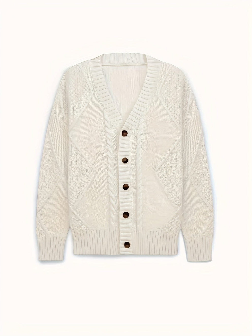 Women's Cable-Knit V-Neck Cardigan with Five Wood-Tone Buttons