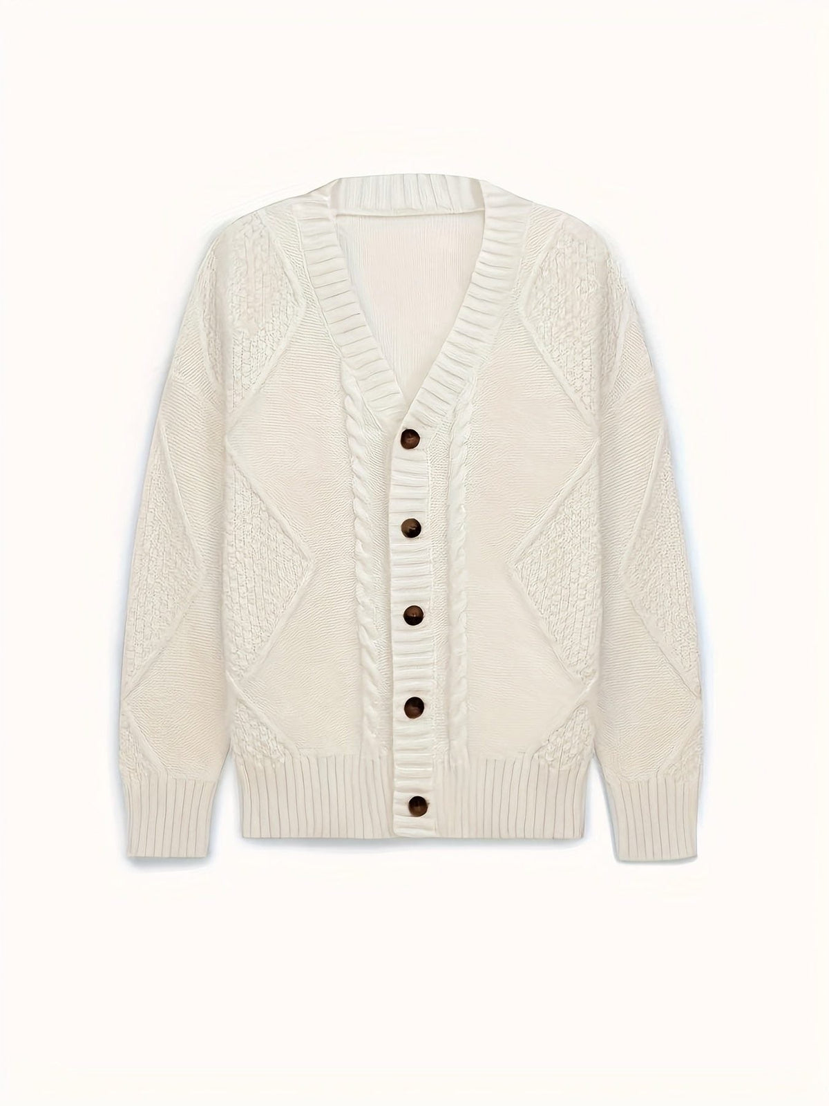 Women's Cable-Knit V-Neck Cardigan with Five Wood-Tone Buttons
