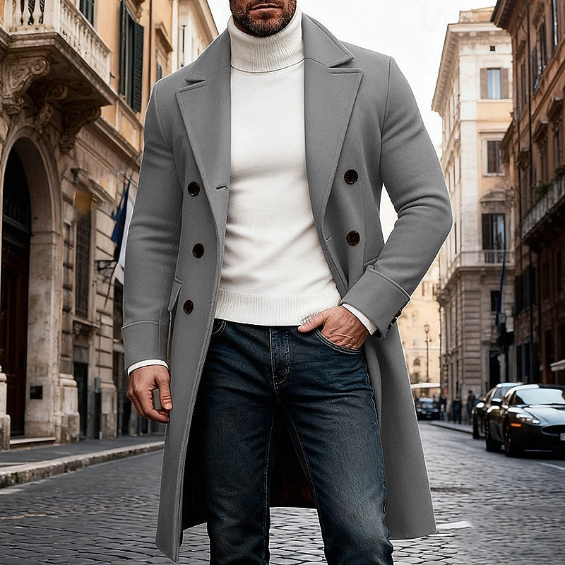 Men's Longline Double-Breasted Topcoat with Generous Pockets