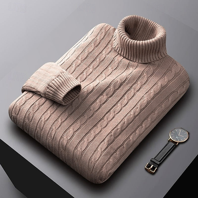 Men's Dense Cable-Knit Turtleneck Sweater with Ribbed Collar - Khaki