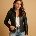 Women's Leather-Look Hooded Zip-Up Jacket in a Short Cut - Black