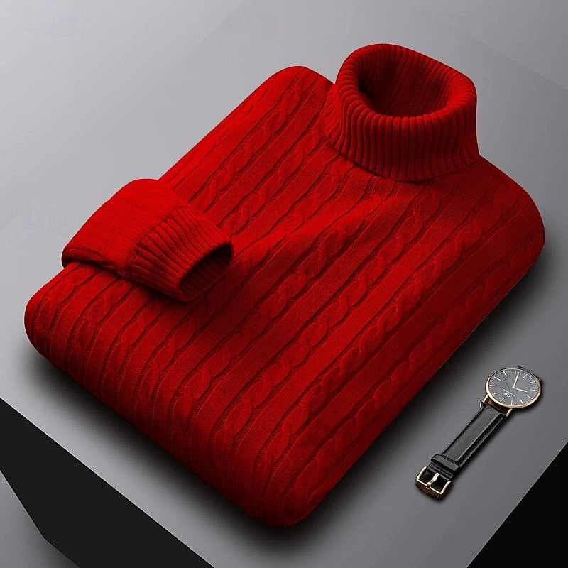 Men's Dense Cable-Knit Turtleneck Sweater with Ribbed Collar - Red