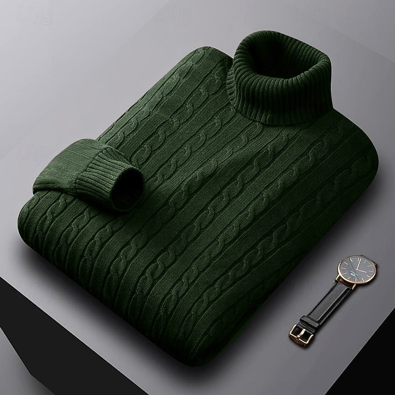 Men's Dense Cable-Knit Turtleneck Sweater with Ribbed Collar - Dark Green