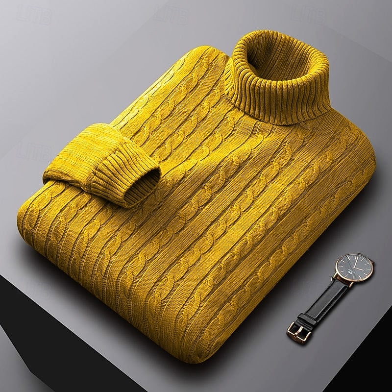 Men's Dense Cable-Knit Turtleneck Sweater with Ribbed Collar - Yellow