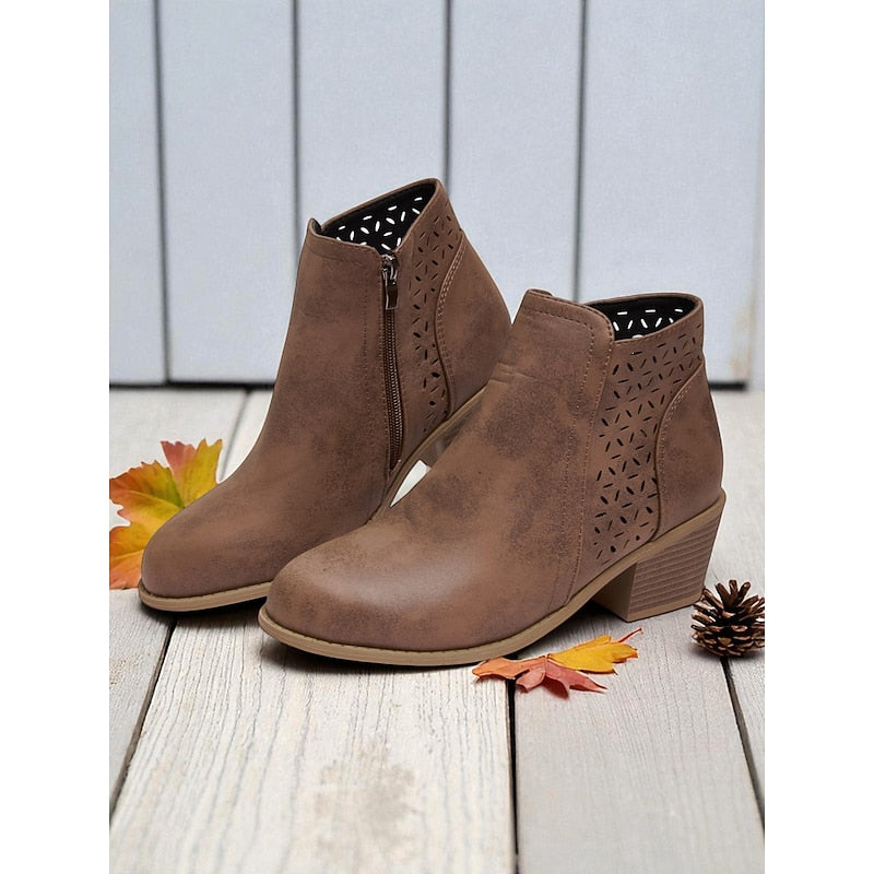 Women's Cutout Block Heel Booties for Work and Weekend - Brown