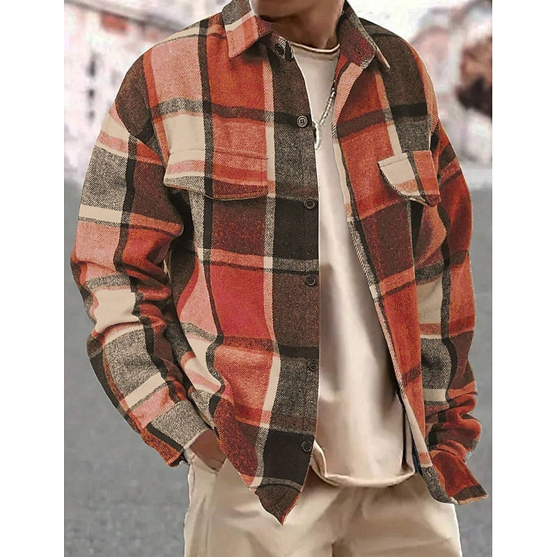 Men's Sturdy-Button Plaid Shirt Jacket with Chest Pockets - Orange