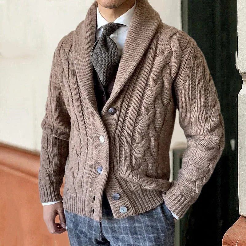 Men's Button-Front Shawl-Collar Cable Cardigan Sweater - Taupe