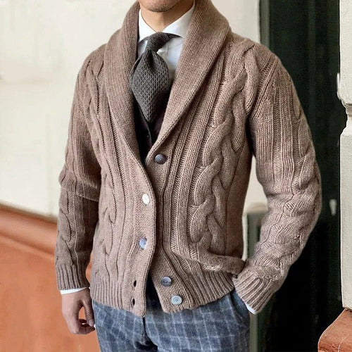Men's Button-Front Shawl-Collar Cable Cardigan Sweater - Taupe
