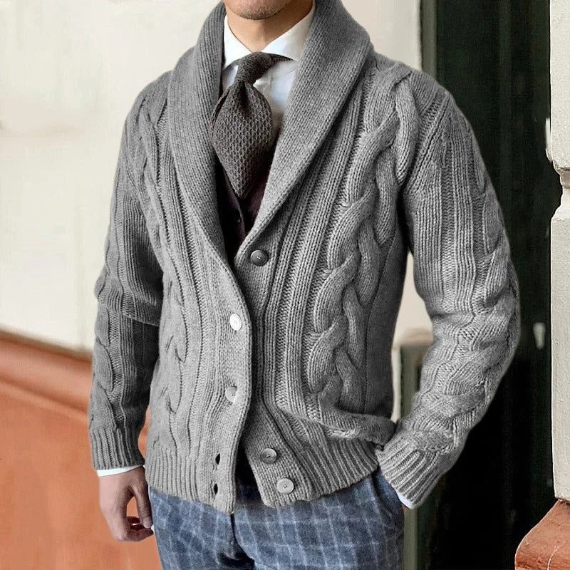 Men's Button-Front Shawl-Collar Cable Cardigan Sweater - Gray