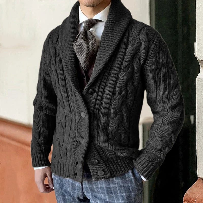 Men's Button-Front Shawl-Collar Cable Cardigan Sweater - Black