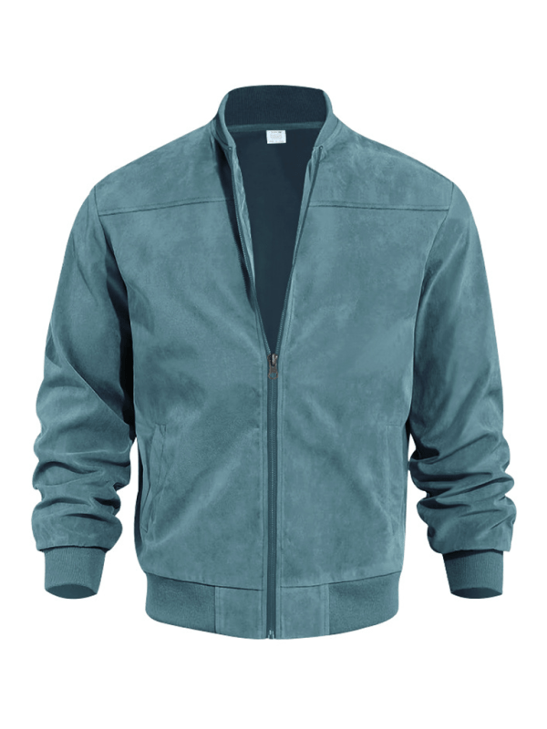 Men's Relaxed Zip-Front Bomber with Soft Suede-Look Texture - Blue Green