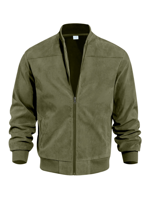 Men's Relaxed Zip-Front Bomber with Soft Suede-Look Texture - Olive Green