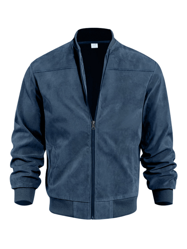 Men's Relaxed Zip-Front Bomber with Soft Suede-Look Texture - Blue