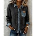 Women's Collared Cable-Knit Sweater Shirt with Denim-Look Placket - Dark Gray