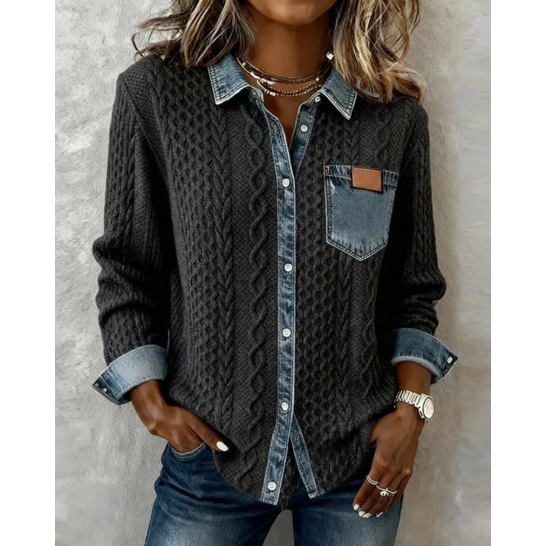 Women's Collared Cable-Knit Sweater Shirt with Denim-Look Placket - Dark Gray