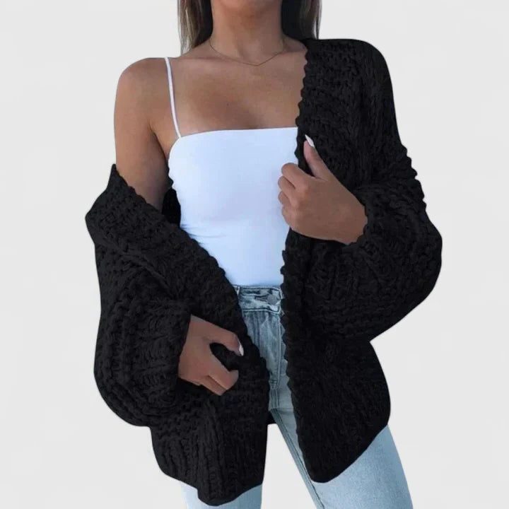 Women's Oversized Open Cardigan in Slouchy Chunky Knit - Black