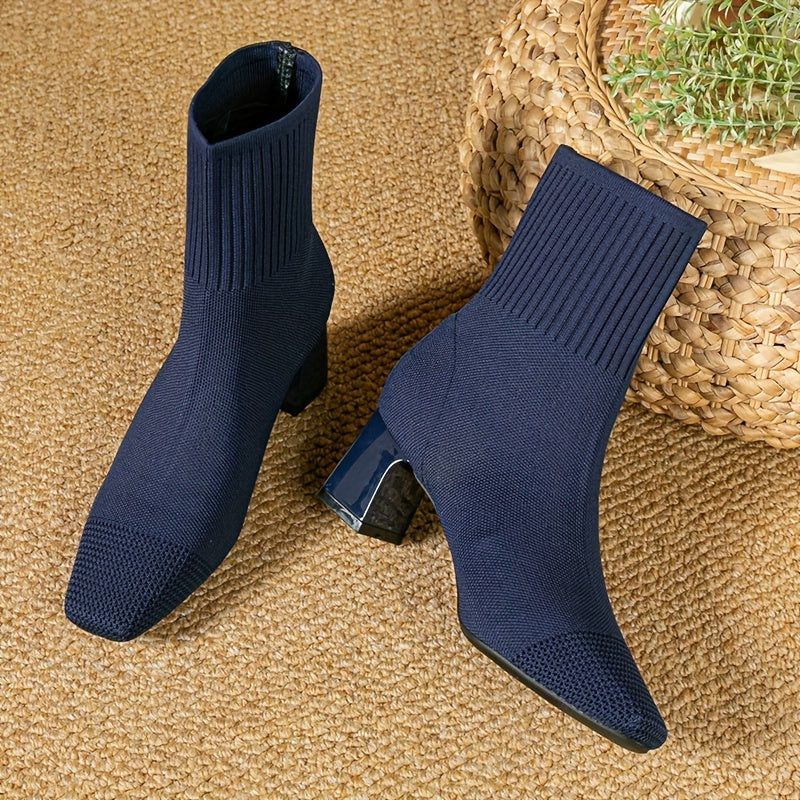 Women's Pointed Ribbed Knit Heeled Booties for Work and Evening - Blue